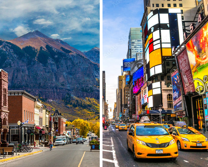Duas cidades americanas lado a lado: uma cidade de montanha e uma grande metrópole